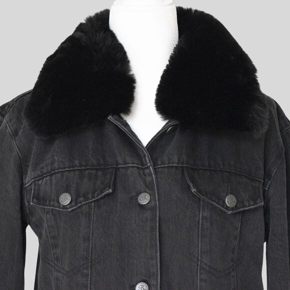 BLUE REVIVAL Women's %100 Cotton Black Denim Jacket With Fur Trim Size S - Picture 5 of 9